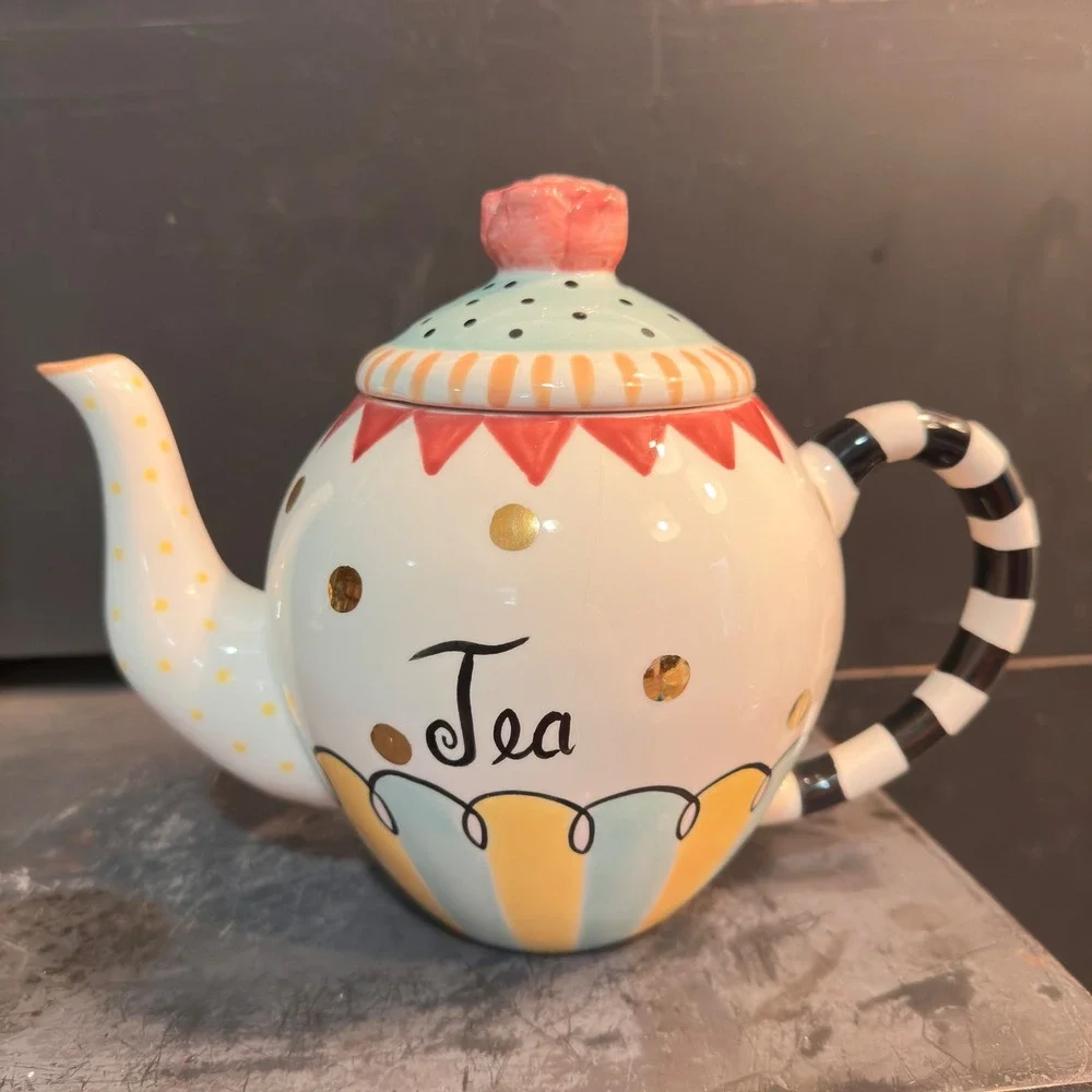 Whimsical Teapot Mug Set Harlequin Polka Dot Striped MacKenzie Childs Style Tea
